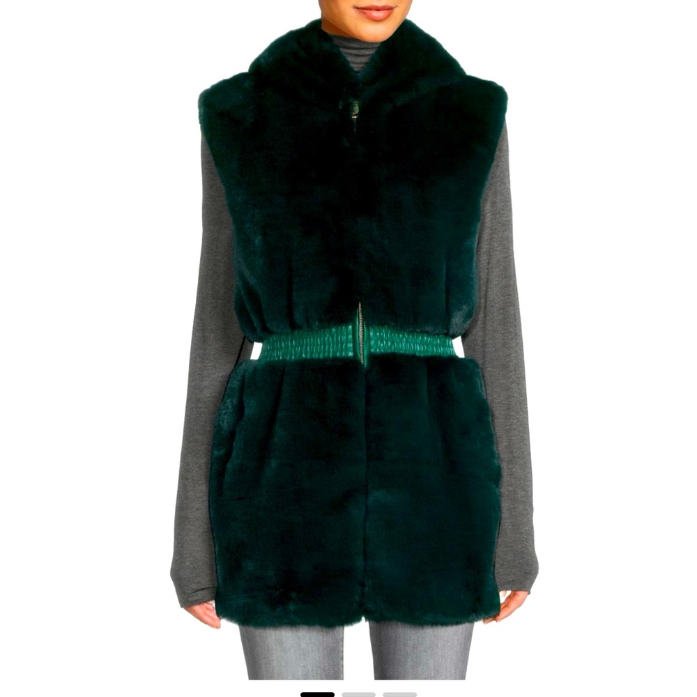 LA FIORENTINA. Luxurious Green Faux Fur Hooded Vest. Size M